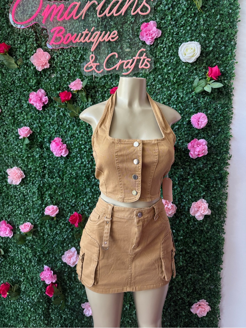 Tan Denim Cargo Mini Skirt and Halter Crop Top Set
